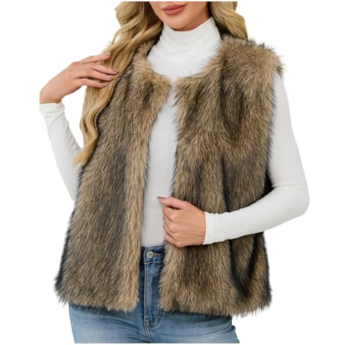 Jamicy Damen Pelzjacke Winter Ärmelloses Felljacke Kunstfell Fellmantel Flauschig Thermo Pelzmantel Mantel Elegant Kunstpelz Thermojacke Reverskragen Einfarbige Winterjacke Bekleidung Khaki M von Jamicy