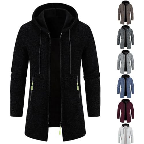 Jamicy Fleecejacke Herren Lang Strickjacken Warme Übergangsjacke mit Kapuze Zipper Cardigan Winterjacke Einfarbig Wintermantel Casual Kapuzenjacke Gutschein Schwarz 3XL von Jamicy