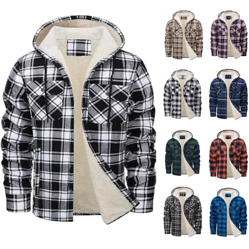 Jamicy Fleecejacke Herren Warme Übergangsjacke Kariertes Langarmhemd Einfarbig Winterjacke mit Kapuze Mode Fleece Gefüttert Strickjacke Knöpfen Fleecejacken Warehouse Deal Schwarz 3XL von Jamicy
