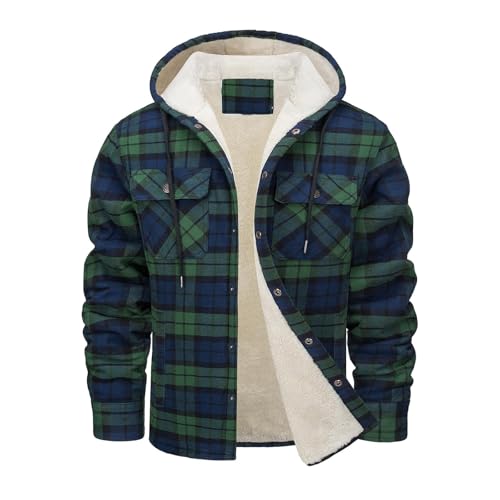 Jamicy Fleecejacke Herren Warme Übergangsjacke Kariertes Langarmhemd Einfarbig Winterjacke mit Kapuze Mode Fleece Gefüttert Strickjacke Knöpfen Fleecejacken Warehouse Deals Angebote Grün XXL von Jamicy