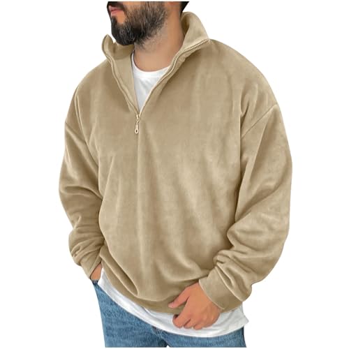 Jamicy Fleecepullover Herren Sweatshirt ohne Kapuze Einfarbig Microfleece Pullover Half Zip Winterpullover Gefütterte Sweater Langarm Pulli Übergangsjacke Herren Sale Khaki M von Jamicy