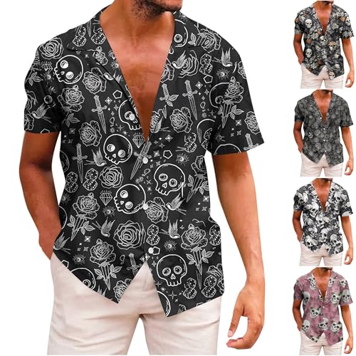 Jamicy Hawaii Hemd Männer Strand Hemden Sommer Kurzarmhemd Totenkopf Grafik Drucken Streetwear Tshirt Tops Y2K Oberteile Baumwolle Kleidung Jungen Mode Hemd Teenager T-Shirts Totenkopf Druck XXL von Jamicy