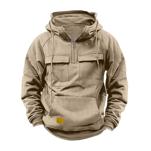 Jamicy Hoodie Herren Pullover Vintage Kapuzenpullover 1/4 Zip Hoody Cargo Arbeitspullover mit Multi-Taschen Einfarbig Sweatshirt Kapuze Winter Baumwolle Tops Sale Angebote Khaki L von Jamicy