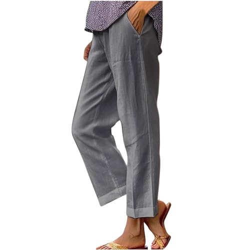 Jamicy Hose Damen Sommer Freizeit Leinenhose Lang Locker Sommerhose Baumwolle Gerades Bein Leinenhose Casual Einfarbig Bequeme Stoffhose Leicht Strandhose mit Taschen Angebote des Tages Heute Grau M von Jamicy
