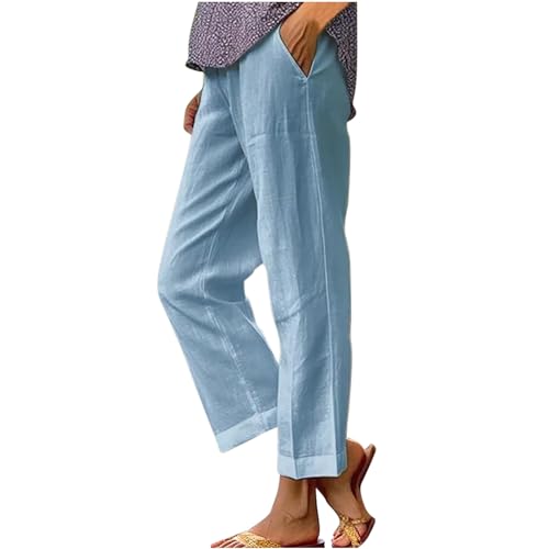 Jamicy Hose Damen Sommer Freizeit Leinenhose Lang Locker Sommerhose Baumwolle Gerades Bein Leinenhose Casual Einfarbig Bequeme Stoffhose Leicht Strandhose mit Taschen Outlet Angebote Himmelblau M von Jamicy