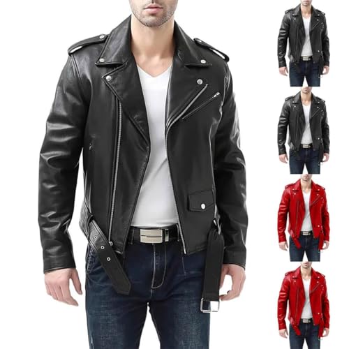 Jamicy Lederjacke Herren Herbst Jacket Dünne Langarm Motorradjacke Freizeit Fashion Bikerjacke mit Reißverschluss Bomberjacken Klassische Fliegerjacke Leder Herrenjacke Deals Schwarz 3XL von Jamicy