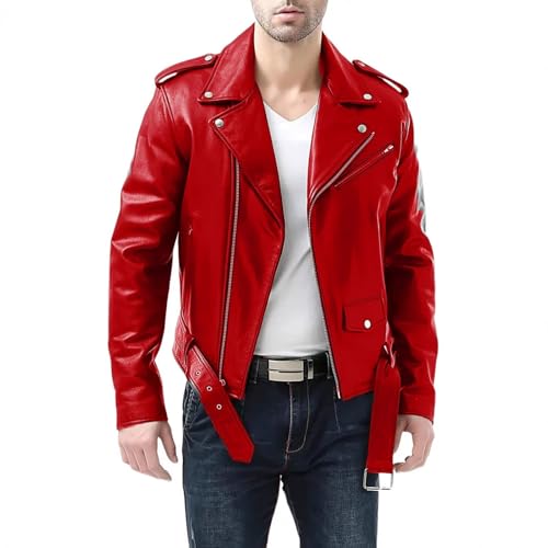 Jamicy Lederjacke Herren Herbst Jacket Dünne Langarm Motorradjacke Freizeit Fashion Bikerjacke mit Reißverschluss Bomberjacken Klassische Fliegerjacke Leder Herrenjacke Meine Rot M von Jamicy
