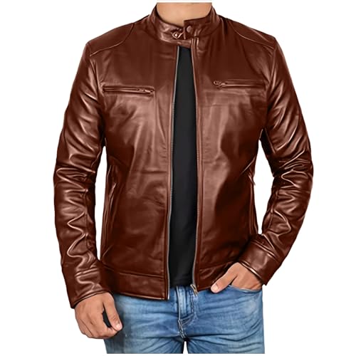 Jamicy Lederjacke Herren Herbst Jacket Dünne Vintage Motorradjacke mit Reißverschluss Bomberjacken Freizeit Fashion Bikerjacke Leder Herrenjacke Klassische Echtlederjacke Bestellungen Bronze XXL von Jamicy