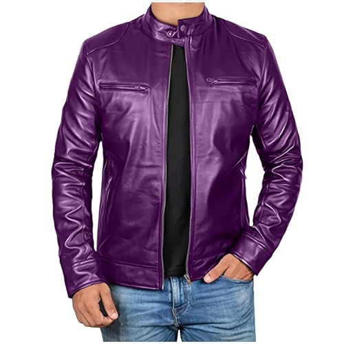 Jamicy Lederjacke Herren Herbst Jacket Dünne Vintage Motorradjacke mit Reißverschluss Bomberjacken Freizeit Fashion Bikerjacke Leder Herrenjacke Klassische Echtlederjacke Prime Lila XXL von Jamicy