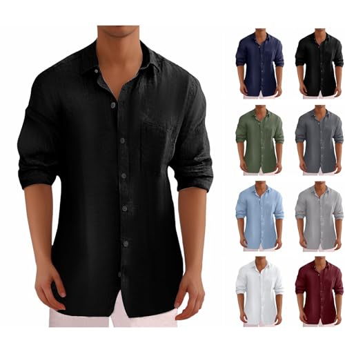 Jamicy Leinenhemd Herren Langarm Hemd Classic Freizeithemd mit Brusttasche Button Down Regular Fit Langarmhemd Businesshemd Männer Oversized Herbstshirt Angebote des Tages Heute Schwarz XL von Jamicy