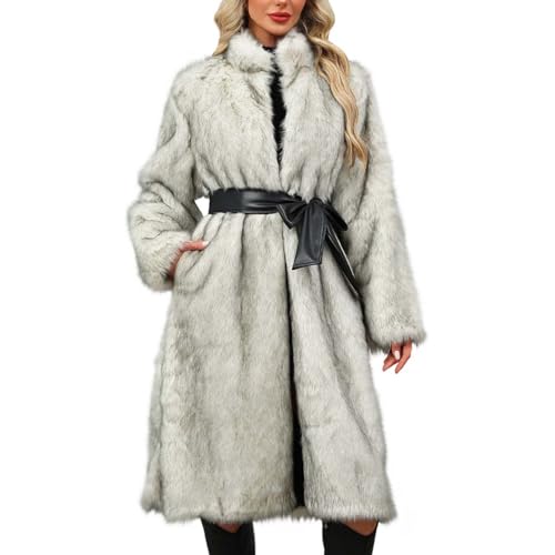 Jamicy Pelzmantel Damen Lang Fellmantel Kunstfell Winter Felljacke Flauschig Thermo Pelzjacke Elegant Mantel Kunstpelz Thermojacke Bekleidung Reverskragen Einfarbige Winterjacke Grau M von Jamicy