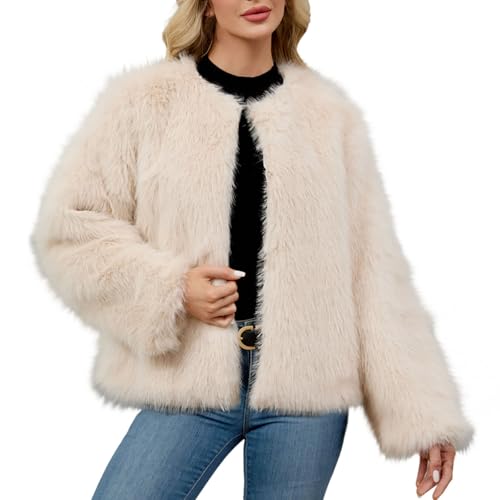 Jamicy Pelzmantel Damen Winter Fellmantel Einfarbige Reverskragen Felljacke Thermo Flauschig Pelzjacke Langarm Kunstfell Winterjacke Mantel Bekleidung Elegant Kunstpelz Thermojacke 02 Beige S von Jamicy