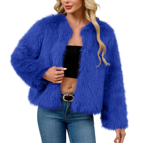 Jamicy Pelzmantel Damen Winter Fellmantel Einfarbige Reverskragen Felljacke Thermo Flauschig Pelzjacke Langarm Kunstfell Winterjacke Mantel Bekleidung Elegant Kunstpelz Thermojacke 02 Blau XXL von Jamicy