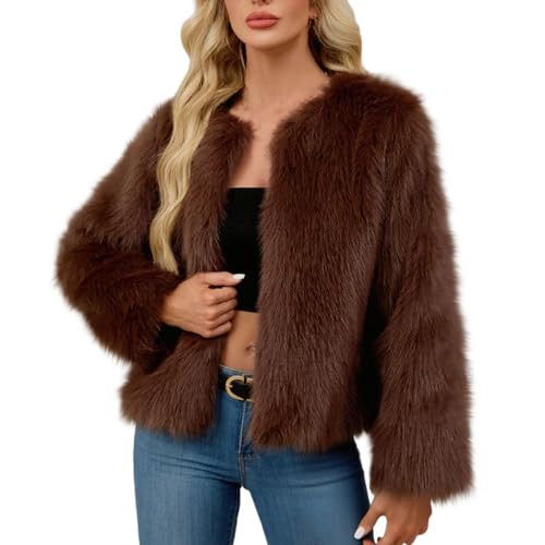Jamicy Pelzmantel Damen Winter Fellmantel Einfarbige Reverskragen Felljacke Thermo Flauschig Pelzjacke Langarm Kunstfell Winterjacke Mantel Bekleidung Elegant Kunstpelz Thermojacke 02 Kaffee XXL von Jamicy