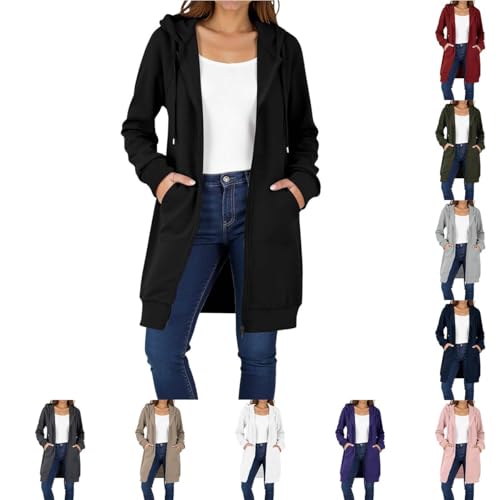 Jamicy Übergangsjacke Damen Herbst Jacket mit Kapuze Loose Freizeitjacke Dünne Langarm Kapuzenjacke Freizeit Bequeme Herbstjacke Tunnelzug Oversize Sweatjacke mit Reißverschluss 01 Schwarz XXL von Jamicy