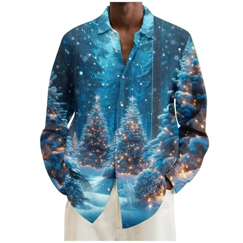 Jamicy Weihnachtshemd Herren Langarm Hemd Christmas Print Freizeithemden Klassisch Weihnachtsshirt mit Knöpfen Lustig Herrenhemd Hawaiihemd Regular Fit Hemden Blitzangebote des Tages Blau 3XL von Jamicy