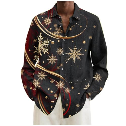 Jamicy Weihnachtshemd Herren Langarm Hemd Christmas Print Freizeithemden Klassisch Weihnachtsshirt mit Knöpfen Lustig Herrenhemd Hawaiihemd Regular Fit Hemden Sale Angebote Gold XXL von Jamicy