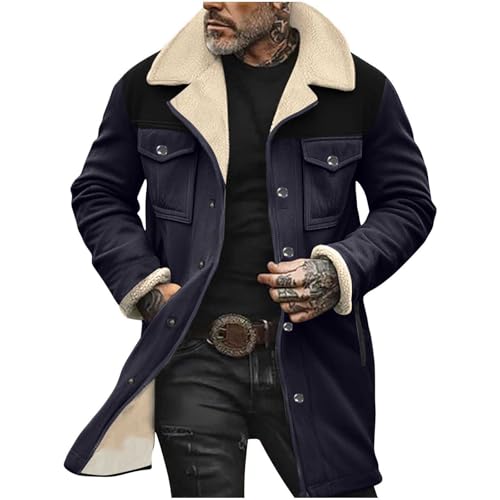 Jamicy Wintermantel Herren Länge Fleecejacke Gefüttert Winterjacke Revers Windbreaker Mode Warme Übergangsjacke Einfarbig Mantel mit Knöpfen Tasche Casual Winter Sale Herren Marine XXL von Jamicy