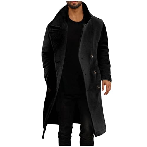 Jamicy Wintermantel Herren Lange Mantel Warme Übergangsjacke Casual Wollmantel Einfarbig Trenchcoat mit Knöpfen Revers Windbreaker Langarm Winterjacke Gutschein Schwarz M von Jamicy