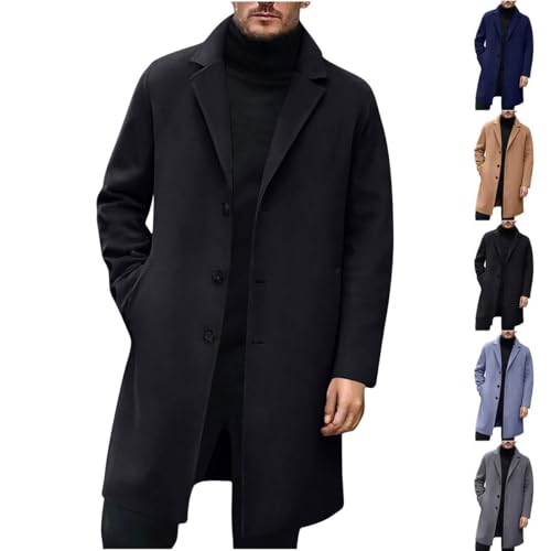 Jamicy Wollmantel Herren Winter Trenchcoat Lang Zweireiher Mantel mit Tasche Wintermantel Thermo Dicke Herrenmantel Woll Warmer Übergangsmantel Revers Herbstmantel Elegant Winterjacke Schwarz M von Jamicy