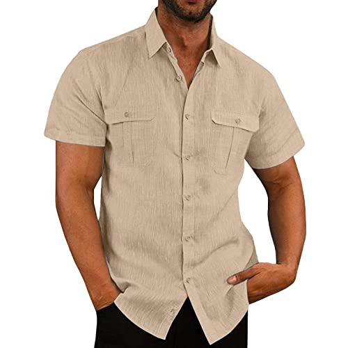 Leinenhemd Herren Kurzarm Hemd Sommer Freizeithemd Mit Brusttasche Button Down Regular Fit Kurzarmhemd Businesshemd Männer Einfarbig Basic Baumwolle Leinen Shirt Angebot Beige 3XL von Jamicy