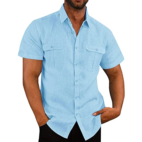 Leinenhemd Herren Kurzarm Hemd Sommer Freizeithemd Mit Brusttasche Button Down Regular Fit Kurzarmhemd Businesshemd Männer Einfarbig Basic Baumwolle Leinen Shirt Angebote des Tages Heute Hellblau XXL von Jamicy