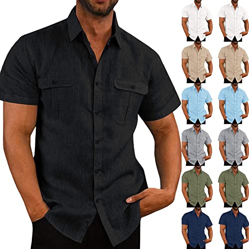 Leinenhemd Herren Kurzarm Hemd Sommer Freizeithemd Mit Brusttasche Button Down Regular Fit Kurzarmhemd Businesshemd Männer Einfarbig Basic Baumwolle Leinen Shirt Blitzangebote des Tages Schwarz XXL von Jamicy