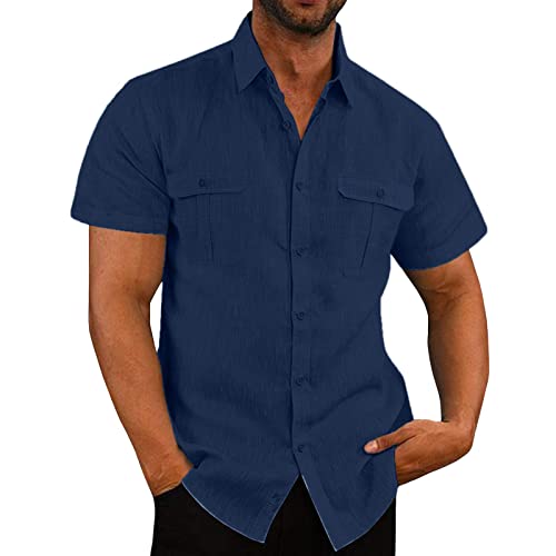 Leinenhemd Herren Kurzarm Hemd Sommer Freizeithemd Mit Brusttasche Button Down Regular Fit Kurzarmhemd Businesshemd Männer Einfarbig Basic Leinen Shirt Marine XXL von Jamicy
