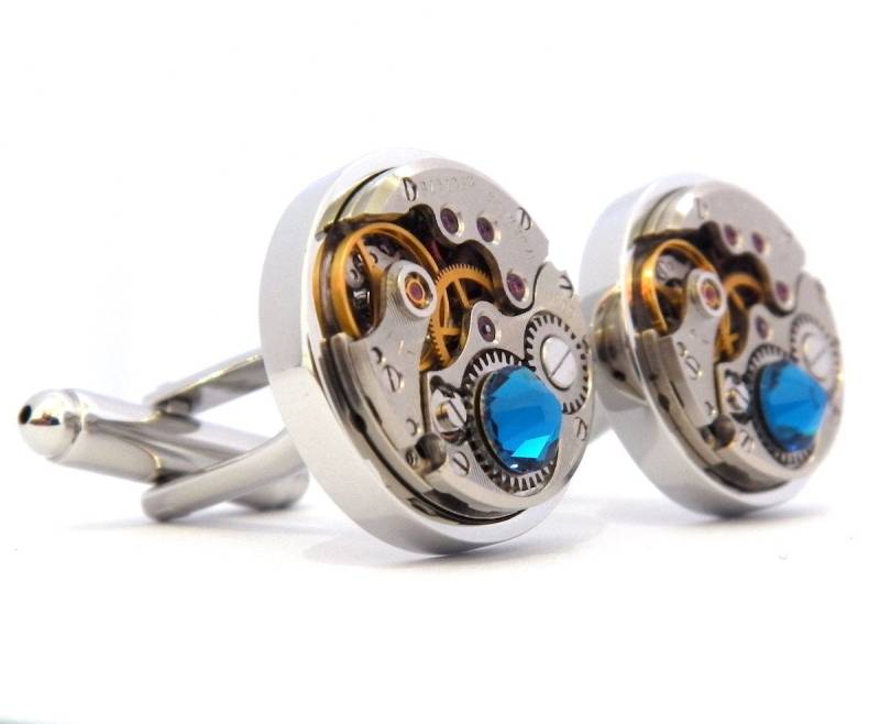 Blaue Steampunk Manschettenknöpfe Mit Vintage Uhrwerken. Hochzeit Manschettenknöpfe, Geschenke Für Ihn von Jamlincrow