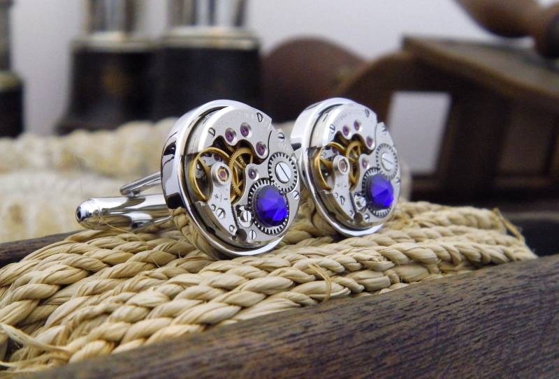 Manschettenknöpfe Blau. Uhrwerk Mit "Cobalt Blue' Kristallen. Steampunk Inspiriert, Hochzeit Manschettenknöpfe, Geschenke Für Männer von Jamlincrow