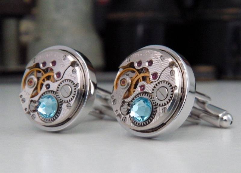 steampunk-Manschettenknöpfe Mit Vintage Uhrwerken & "Aquamarine' Kristallen. März Geburtsstein Manschettenknöpfe. Geschenk Zum Vatertag von Jamlincrow