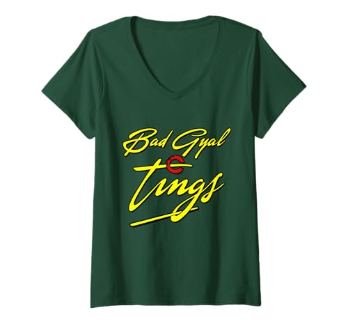 Damen Bad Gyal Tings! Lustiges jamaikanisches Spruchgeschenk T-Shirt mit V-Ausschnitt von Jamrock Jamaican Vacation Gift Apparel