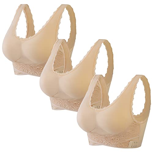 Jamron Damen 3 Pack Gekreuzte Front Seitliche Schnalle Push Up Spitze Bralette Comfort Bügelloser BH Yoga Sport BH mit Abnehmbaren Pads Beige + Beige + Beige XXL von Jamron