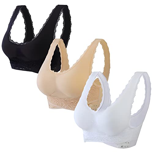 Jamron Damen 3 Pack Gekreuzte Front Seitliche Schnalle Push Up Spitze Bralette Comfort Bügelloser BH Yoga Sport BH mit Abnehmbaren Pads Schwarz + Beige + Weiß 3XL von Jamron