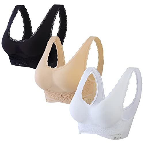 Jamron Damen 3 Pack Gekreuzte Front Seitliche Schnalle Push Up Spitze Bralette Comfort Bügelloser BH Yoga Sport BH mit Abnehmbaren Pads Schwarz + Beige + Weiß M von Jamron
