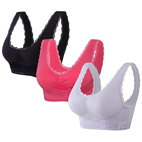 Jamron Damen 3 Pack Gekreuzte Front Seitliche Schnalle Push Up Spitze Bralette Comfort Bügelloser BH Yoga Sport BH mit Abnehmbaren Pads Schwarz + Fuchsie + Hellviolett 4XL von Jamron