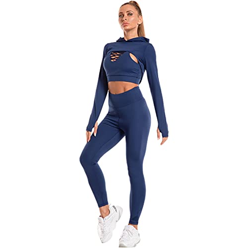 Jamron Damen 3 Teilig Dehnbares Yoga Sports Trainingsanzug Set Sexy Überkreuzter Camisole-BH + Crop Top mit Kapuze + Legging Gym Fitness Laufen Activewear Blau M von Jamron