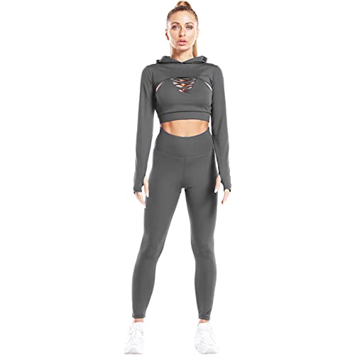 Jamron Damen 3 Teilig Dehnbares Yoga Sports Trainingsanzug Set Sexy Überkreuzter Camisole-BH + Crop Top mit Kapuze + Legging Gym Fitness Laufen Activewear Grau S von Jamron