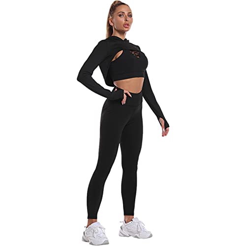 Jamron Damen 3 Teilig Dehnbares Yoga Sports Trainingsanzug Set Sexy Überkreuzter Camisole-BH + Crop Top mit Kapuze + Legging Gym Fitness Laufen Activewear Schwarz S von Jamron