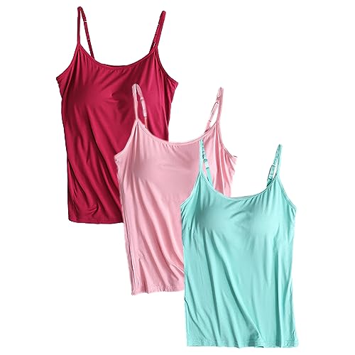 Jamron Damen 3er Pack Basic Tank Top Verstellbarer Spaghettiträger Unterhemden mit Integriertem Regal BH Burgund + Grün + Rosa-1 M von Jamron