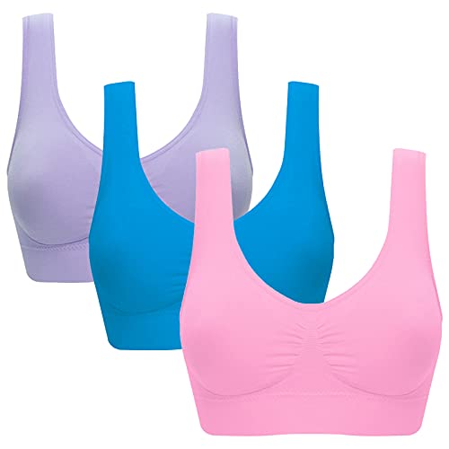 Jamron Damen 3er Pack Nahtlos Bügelloser Bequem Klassische BHS Schlaf Yoga Sport BHS mit Abnehmbaren Pads Helles Lila + Blau + Rosa 3XL von Jamron