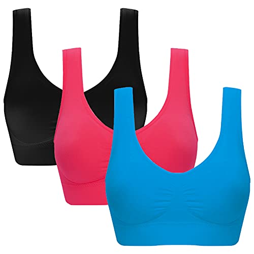 Jamron Damen 3er Pack Nahtlos Bügelloser Bequem Klassische BHS Schlaf Yoga Sport BHS mit Abnehmbaren Pads Schwarz + Fuchsie + Blau 4XL von Jamron