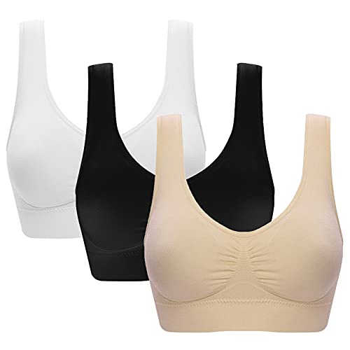 Jamron Damen 3er Pack Nahtlos Bügelloser Bequem Klassische BHS Schlaf Yoga Sport BHS mit Abnehmbaren Pads Schwarz + Weiß + Beige XXL von Jamron