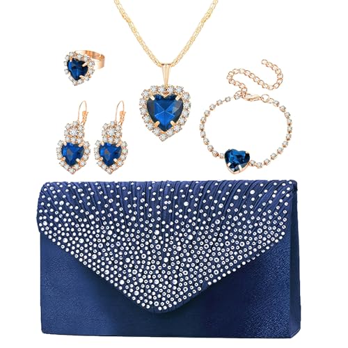 Jamron Damen 5 Stücke Herz Schmuck und Clutch Set für Hochzeit Prom Abend Party Blau SN0704148 von Jamron