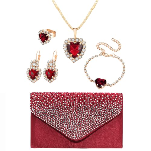 Jamron Damen 5 Stücke Herz Schmuck und Clutch Set für Hochzeit Prom Abend Party Rot SN0704148 von Jamron