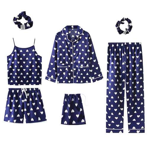 Jamron Damen 7PCS Satin Pyjama Set Frühling Sommer Herbst Tops & Kurze Hose Nachtwäsche SN07655 Blau Herz XL Jamron Damen 7PCS Satin Pyjama Set Frühling Sommer Herbst Tops & Kurze Hose Nachtwäsche SN07655 Blau Herz XL von Jamron