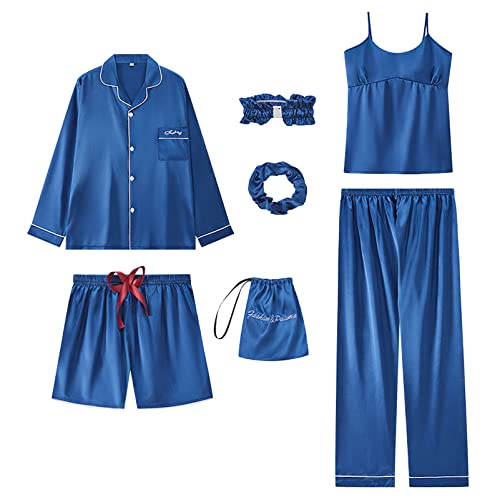 Jamron Damen 7PCS Satin Pyjama Set Frühling Sommer Herbst Tops & Kurze Hose Nachtwäsche SN07655 Blau M von Jamron