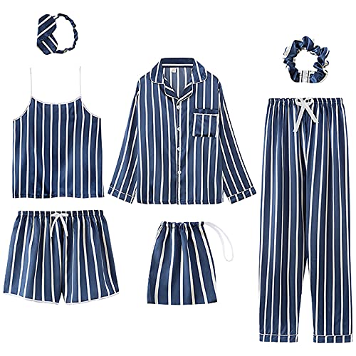 Jamron Damen 7PCS Satin Pyjama Set Frühling Sommer Herbst Tops & Kurze Hose Nachtwäsche SN07655 Blau Streifen XL von Jamron