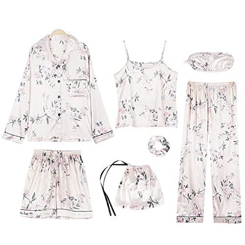 Jamron Damen 7PCS Satin Pyjama Set Frühling Sommer Herbst Tops & Kurze Hose Nachtwäsche SN07655 Blume B M von Jamron