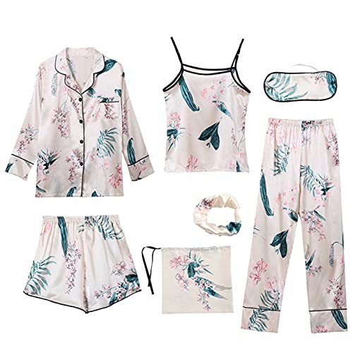 Jamron Damen 7PCS Satin Pyjama Set Frühling Sommer Herbst Tops & Kurze Hose Nachtwäsche SN07655 Blume C XL von Jamron